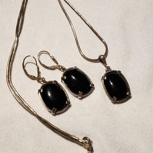Artisan onyx and sterling silver earrings and pendant with snake chain necklace
